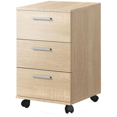 Caisson commode à 3 tiroirs avec roulettes coloris chêne - Longueur 42 x Hauteur 68 x Profondeur 35 cm