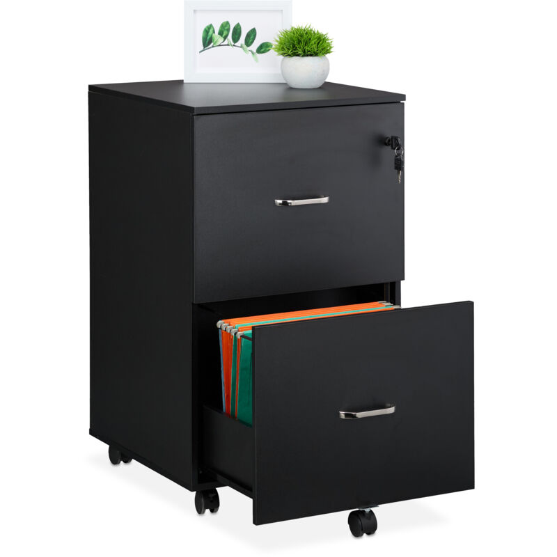 Relaxdays - Caisson de bureau, 2 tiroirs, clé pratique, barres pour dossiers suspendus, h x l x p : 72 x 43 x 46 cm, noir