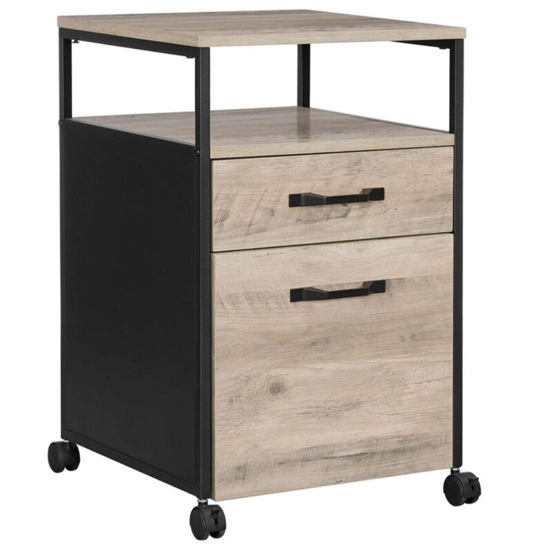 Caisson de bureau 2 tiroirs placard de rangement mobile avec roulettes emplacement ouvert style industriel 66 cm grège et noir
