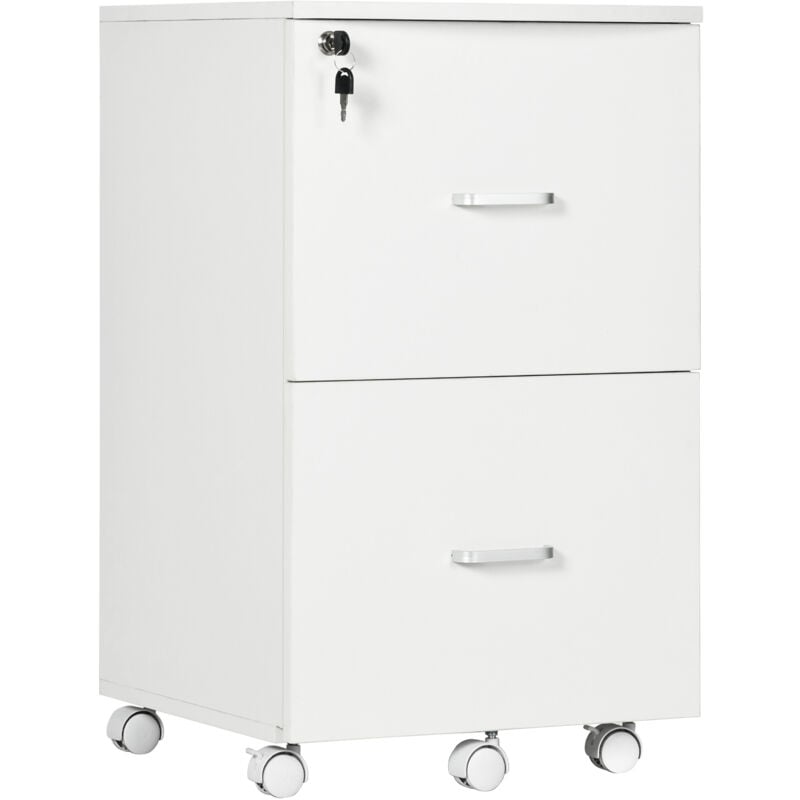 Caisson de bureau rangement bureau sur roulettes 2 tiroirs verrouillables 2 clés fournies mdf panneaux particules blanc - Vinsetto
