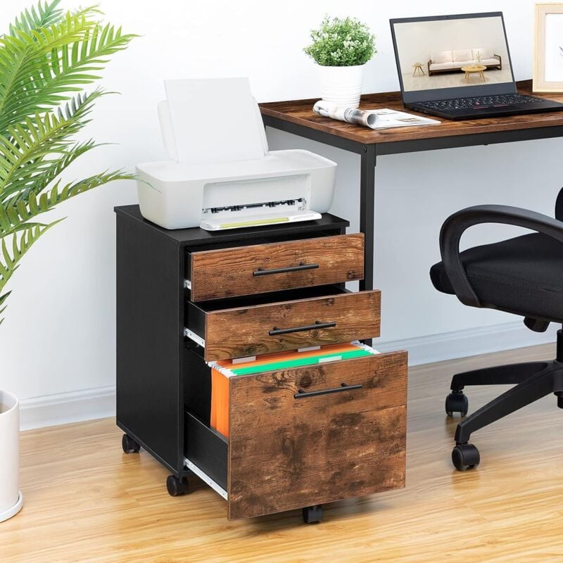 Caisson de Bureau 3 tiroirs, Meuble de Rangement pour Dossier, Placard de Rangement Mobile, avec 5 roulettes, Stable, Style Industriel Hoobro 40 x 40