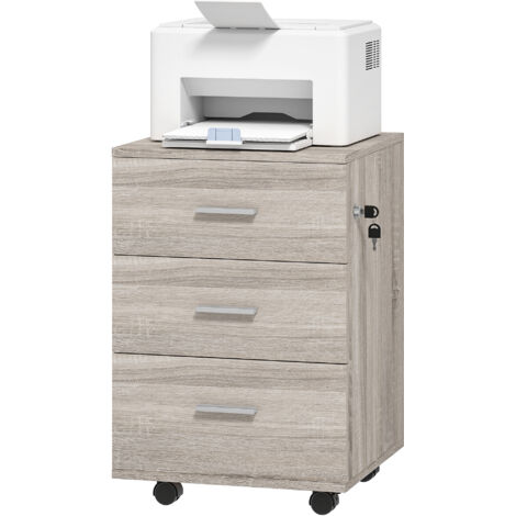 Caisson de bureau à 3 tiroirs, roulettes, serrure et 2 clés, meuble de rangement mobile pour bureau ou salon, 40x40x61,5 cm, gris.