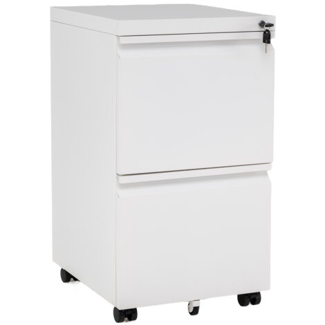 Caisson de Bureau à Roulette avec 5 Roulettes, Frein, 2 Tiroirs, Casier Verrouillable, Métal, Barre de Suspension Réglable, Boîte de Rangement, Blanc