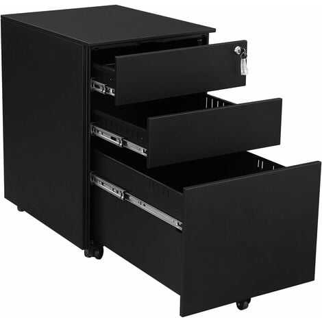 Black OFC60BK Fully Assembled Except Casters SONGMICS Mobile File Cabinet with 3 Drawers Lockable Steel Pedestal with Suspension File Hanging Rails 