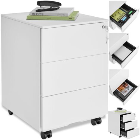 Caisson de bureau à roulettes en acier avec 3 tiroirs clés blanc