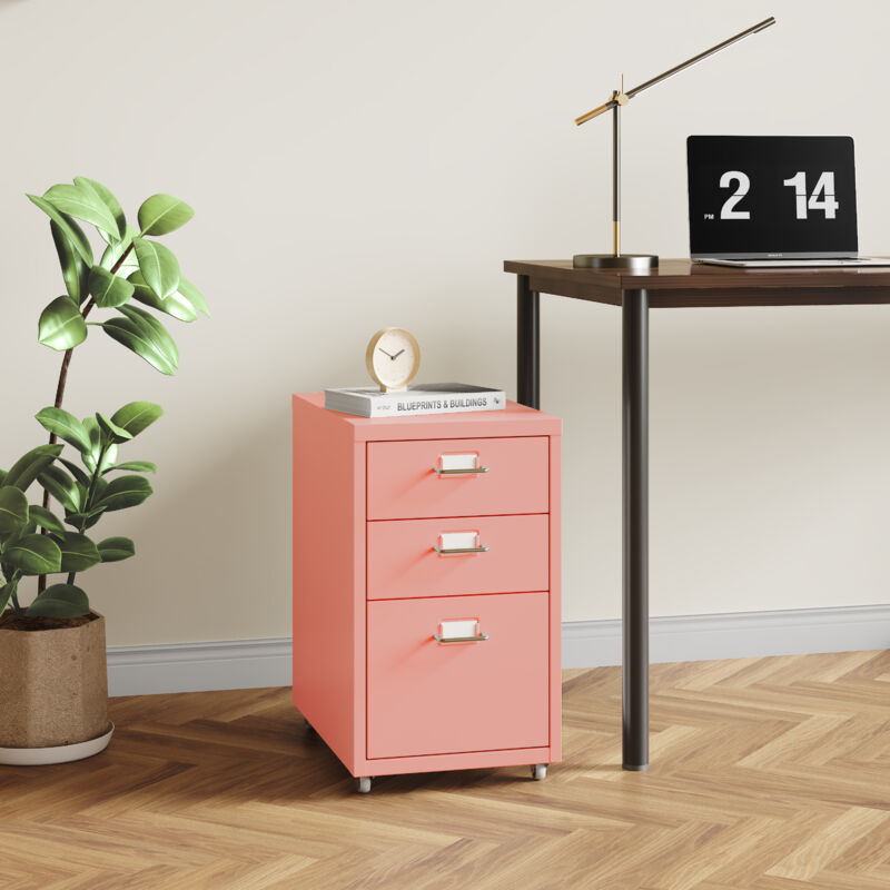 Caisson de bureau à roulettes Kökar acier 48 x 28 x 41 cm rose [en.casa]
