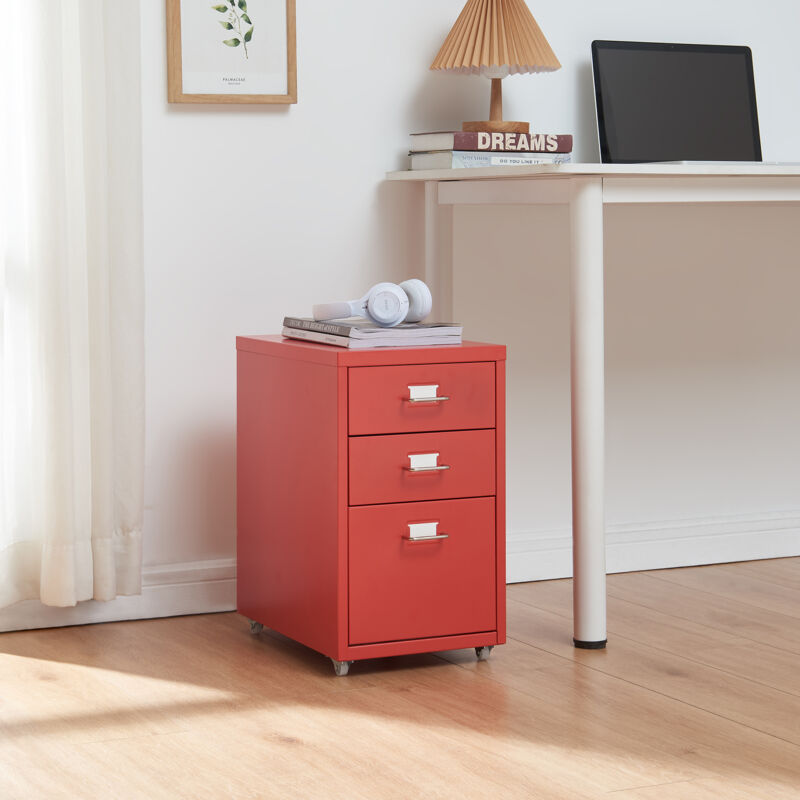 Caisson de bureau à roulettes Kökar acier 48 x 28 x 41 cm rouge [en.casa]