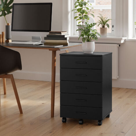 Caisson de Bureau à Roulettes, Support pour Imprimante, avec 5 Tiroirs, Rails Coulissants, Noir