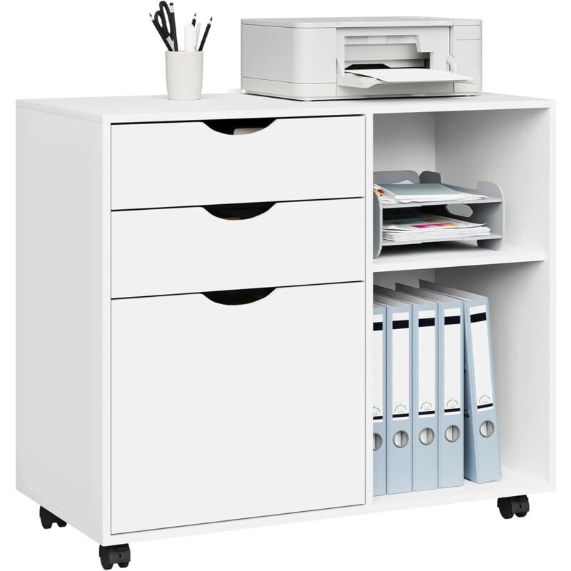 Caisson de Bureau avec 3 Tiroirs et 2 Compartiments Ouverts Woltu Armoire à Dossiers sur roulettes, Meuble de Rangement en Bois d'Ingénierie,