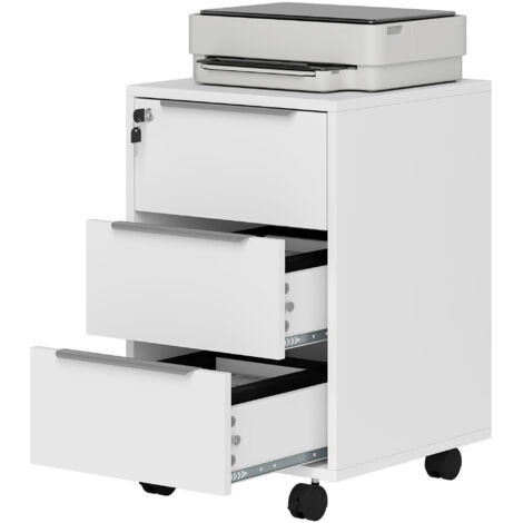Caisson de bureau blanc 40x40x63,5 cm, 3 tiroirs avec serrure, à roulettes pour dossiers