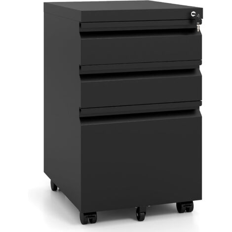Caisson de Bureau, Caisson à Roulette avec Frein, 3 Tiroirs, Casier Verrouillable, Métal, Dossier Suspendu A4, Boîte de Rangement, pour Fichier, Noir