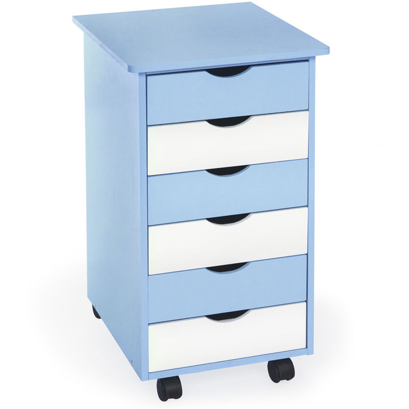 caisson de bureau à roulettes en bois avec 6 tiroirs - bleu