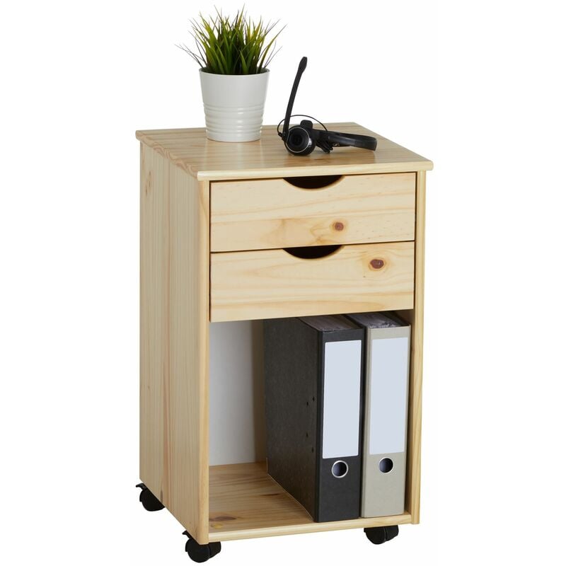 Idimex - Caisson de bureau kano, meuble de rangement sur roulettes avec 2 tiroirs et 1 niche, en pin massif naturel - Naturel
