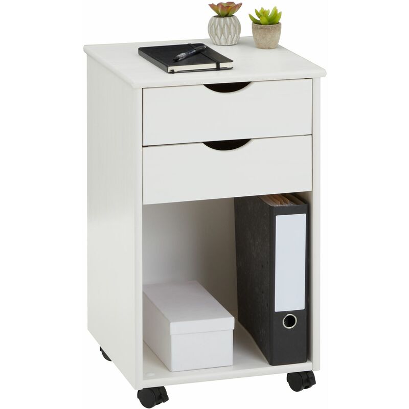 Idimex - Caisson de bureau kano, meuble de rangement sur roulettes avec 2 tiroirs et 1 niche, en pin massif lasuré blanc - Blanc