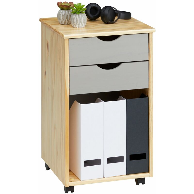 Idimex - Caisson de bureau kano, meuble de rangement sur roulettes avec 2 tiroirs et 1 niche, en pin massif naturel et gris - Naturel/Gris
