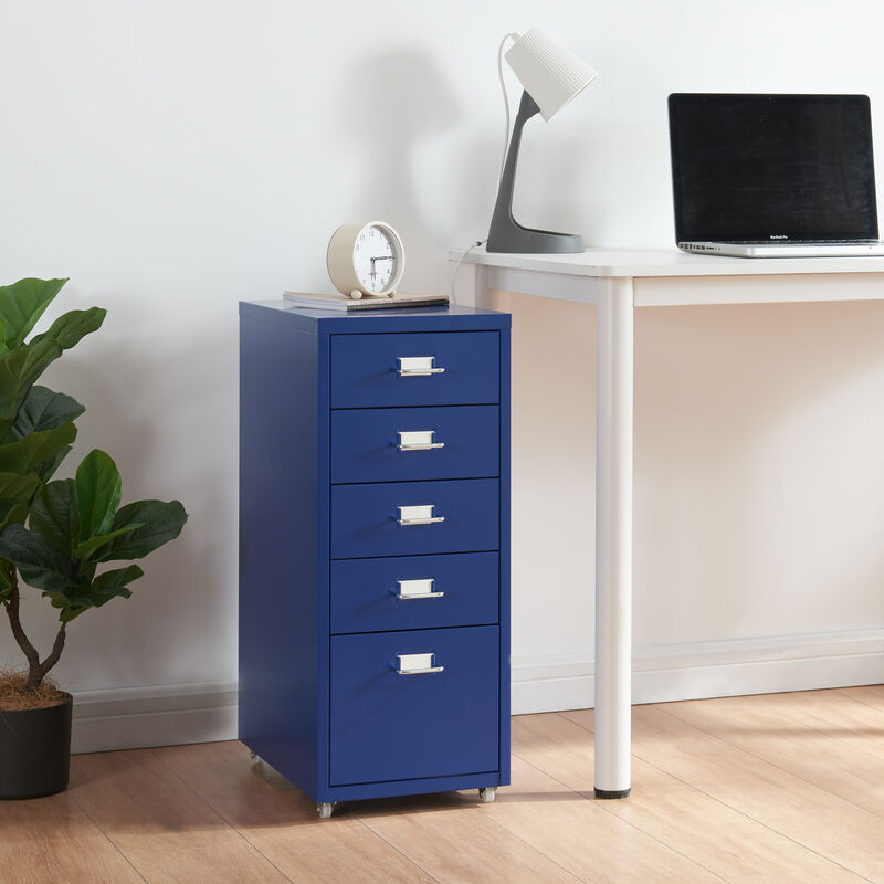 [en.casa] - Caisson de bureau Kökar à roulettes avec 5 tiroirs 69 x 28 x 41 cm bleu