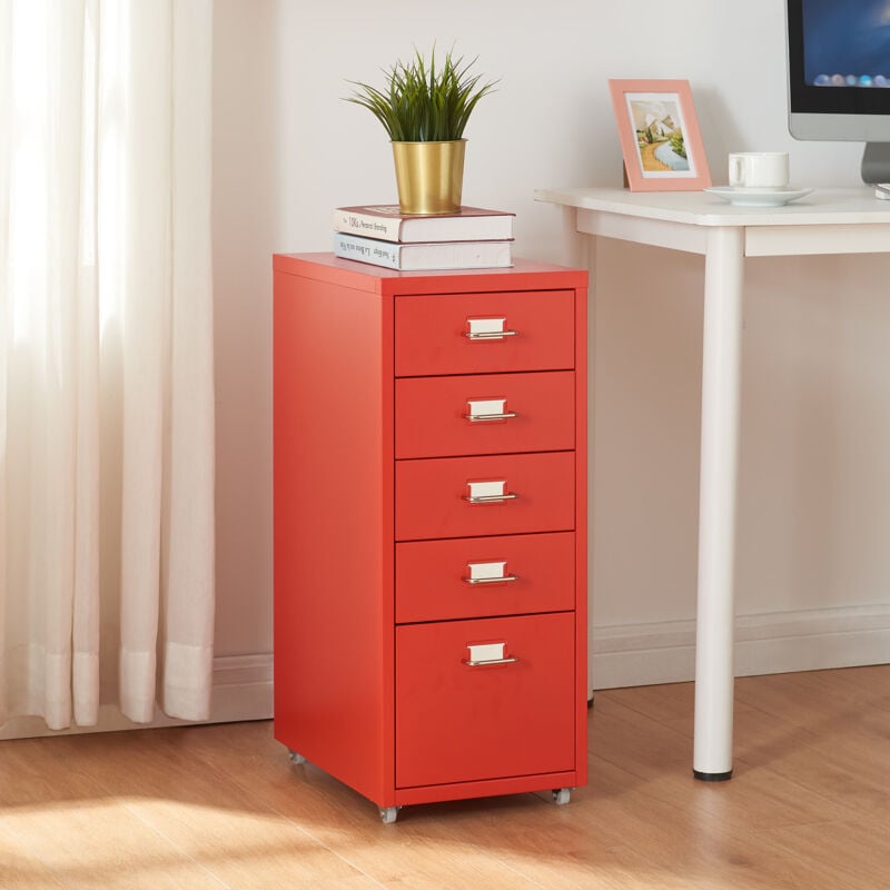 Caisson de bureau Kökar à roulettes avec 5 tiroirs 69 x 28 x 41 cm rouge [en.casa]