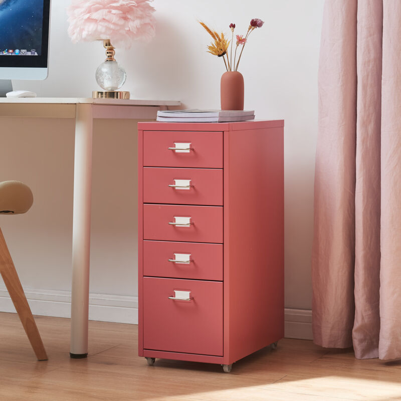 [en.casa] - Caisson de bureau Kökar à roulettes avec 5 tiroirs 69 x 28 x 41 cm rouge pastèque