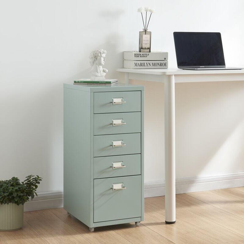 Caisson de bureau Kökar à roulettes avec 5 tiroirs 69 x 28 x 41 cm vert menthe [en.casa]