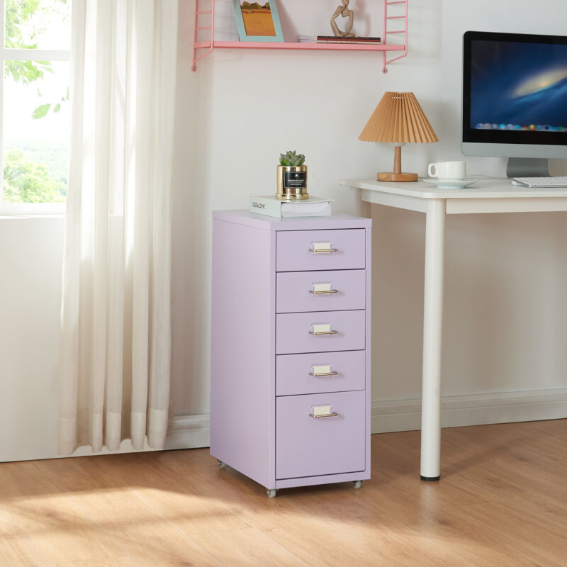 [En.Casa] – Caisson de bureau à roulettes 5 tiroirs – Dimensions 69 x 28 x 41 cm – Acier violet – Porte-étiquettes pour organisation