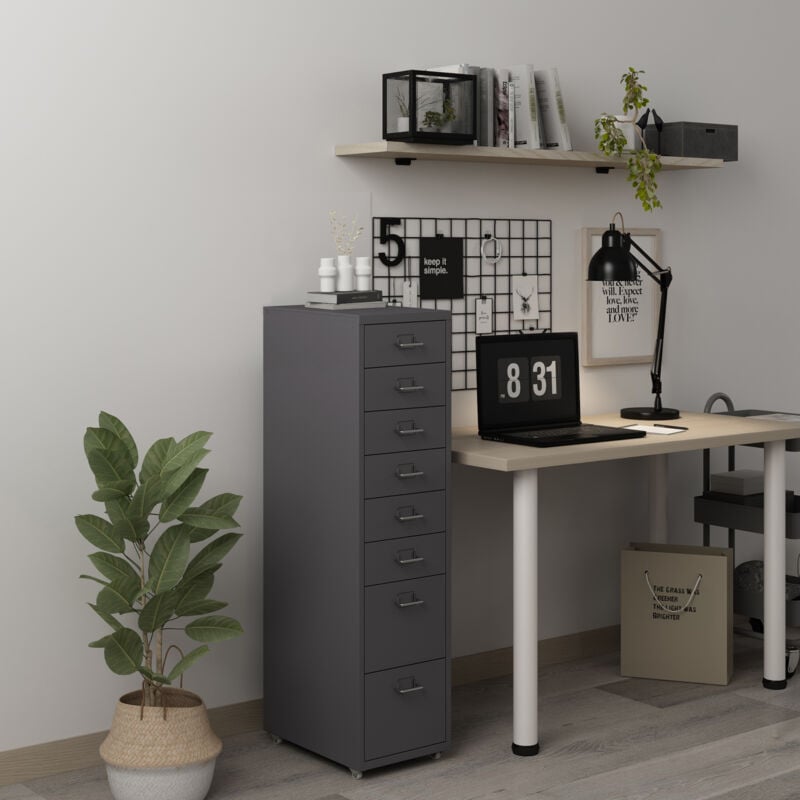 Caisson de bureau Kökar à roulettes avec 8 tiroirs 109 x 28 x 41 cm gris foncé [en.casa]