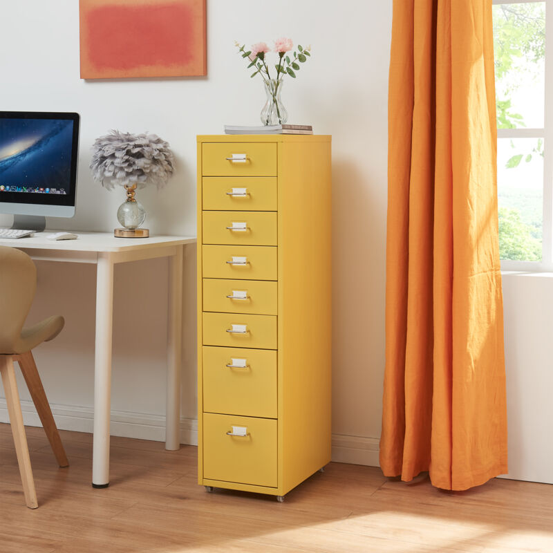 Caisson de bureau Kökar à roulettes avec 8 tiroirs 109 x 28 x 41 cm jaune [en.casa]