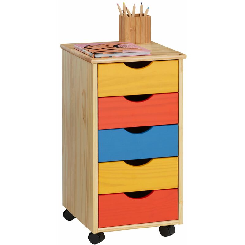 Idimex - Caisson de bureau lagos meuble de rangement sur roulettes avec 5 tiroirs, en pin massif lasuré multicolore jaune rose et bleu - Multicolore