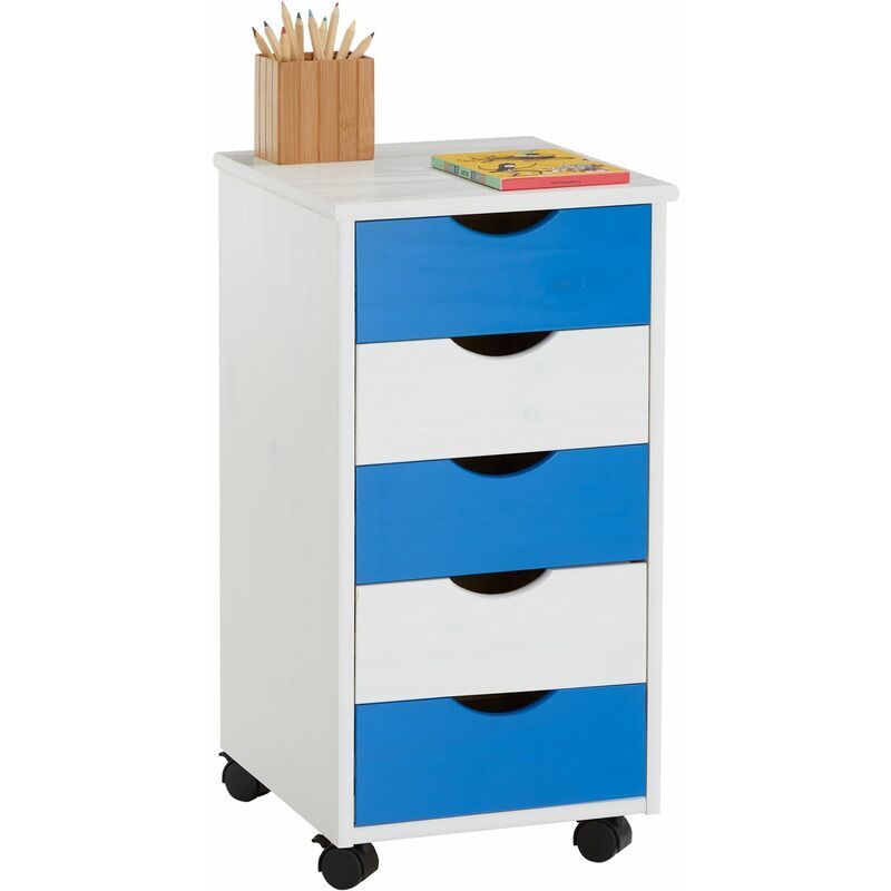 Idimex - Caisson de bureau lagos meuble de rangement sur roulettes avec 5 tiroirs, en pin massif lasuré blanc et bleu - Blanc/Bleu