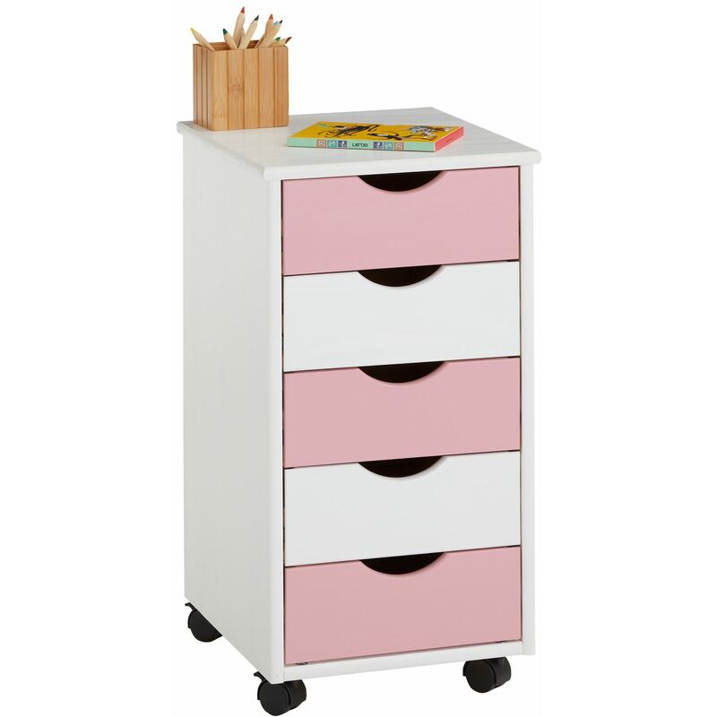 Caisson de bureau lagos meuble de rangement sur roulettes avec 5 tiroirs, en pin massif lasuré blanc et rose - Blanc/Rose