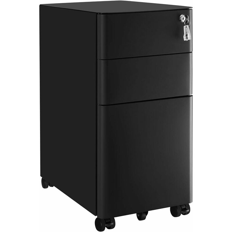 Caisson de Bureau, Placard de Rangement Mobile, avec roulettes et Serrure, pour Documents et Dossier Suspendu, avec 3 tiroirs, Noir OFC030B01