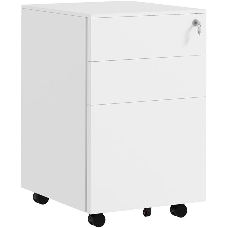 Caisson de bureau rangement bureau sur roulettes 3 tiroirs coulissants verrouillables trieur à dossiers acier blanc