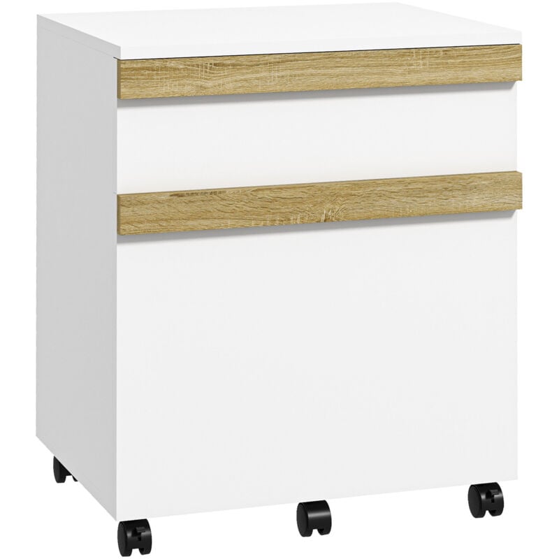 Caisson de bureau rangement bureau sur roulettes tiroir coulissant et tiroir dossiers suspendus blanc aspect chêne clair