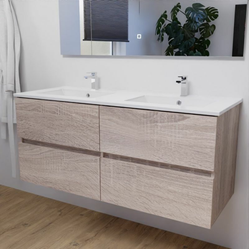 Cuisibane - Meuble double vasque 120 cm rosaly- Bois- Plan vasque en Céramique