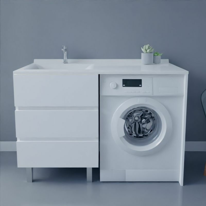 Cuisibane – Meuble lave-mains avec plan vasque déportée 124 cm x 65 cm – Blanc laqué – 3 tiroirs avec amortisseurs – Fabrication européenne
