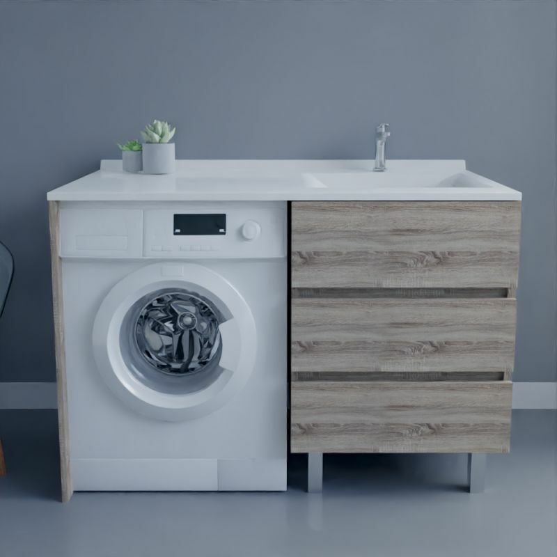 Meuble spécial lave-linge kora avec plan vasque déportée 124 cm x 65 cm- Bois- Vasque à droite