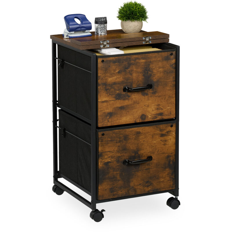 Relaxdays - Caisson de bureau, 2 tiroirs, design industriel h x l x p : env. 68 x 40 x 40 cm, marron et noir