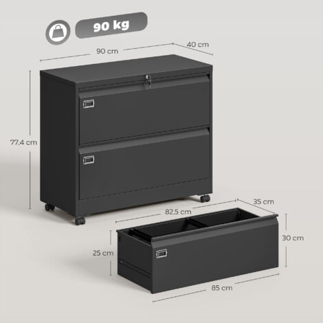 Caisson mobile verrouillable à 2 tiroirs, classeur avec système de dossiers suspendus réglable, 90 x 40 x 77,4 cm, noir