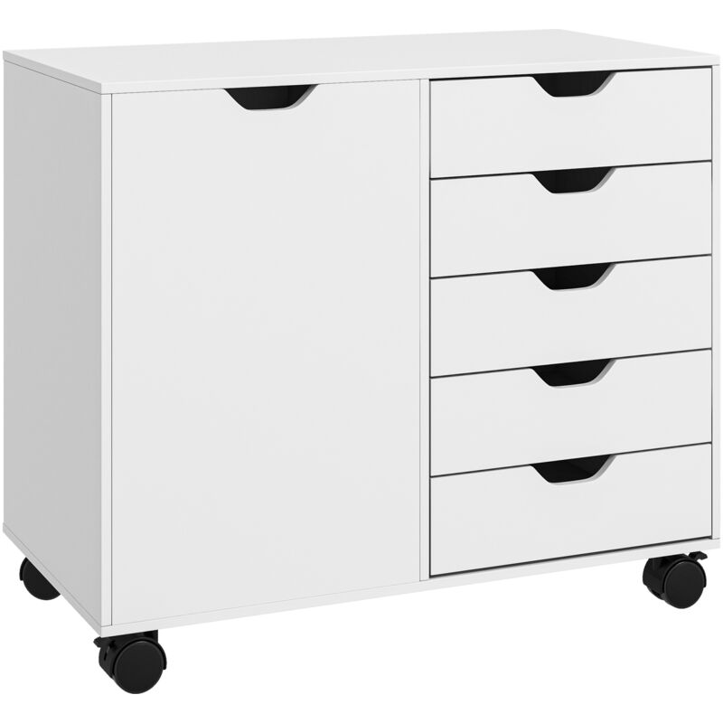 Caisson rangement bureau support d'imprimante 5 tiroirs porte étagère dim. 78L x 40l x 66H cm blanc