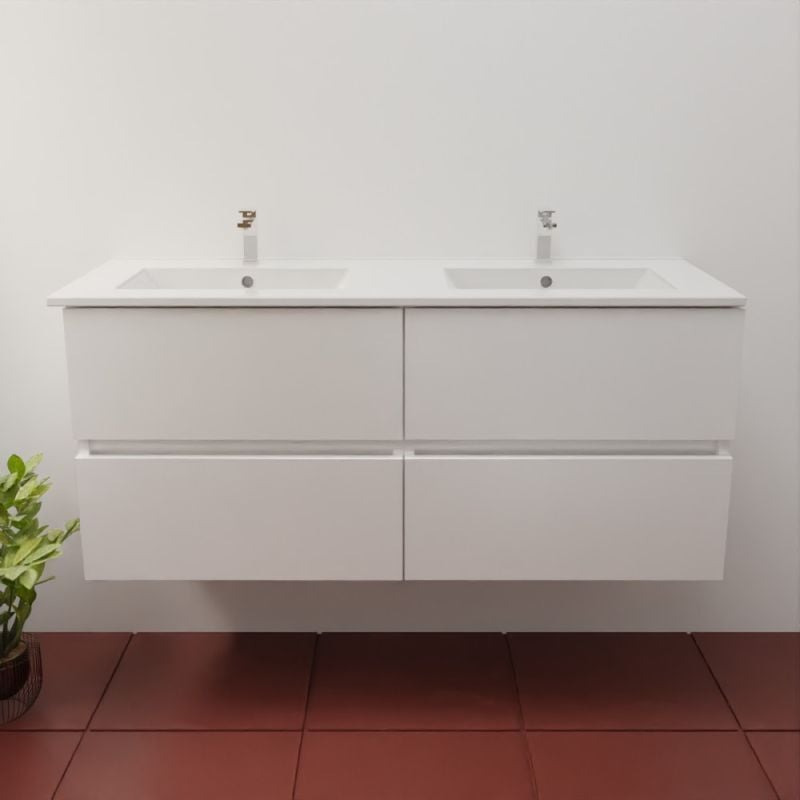 Cuisibane - Meuble double vasque inox 120 cm rosinox- Blanc- Plan vasque en Céramique