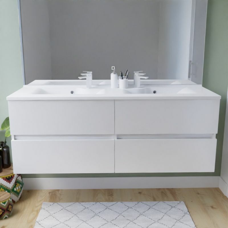 Cuisibane - Meuble double vasque inox 140 cm rosinox- Blanc- Plan vasque en