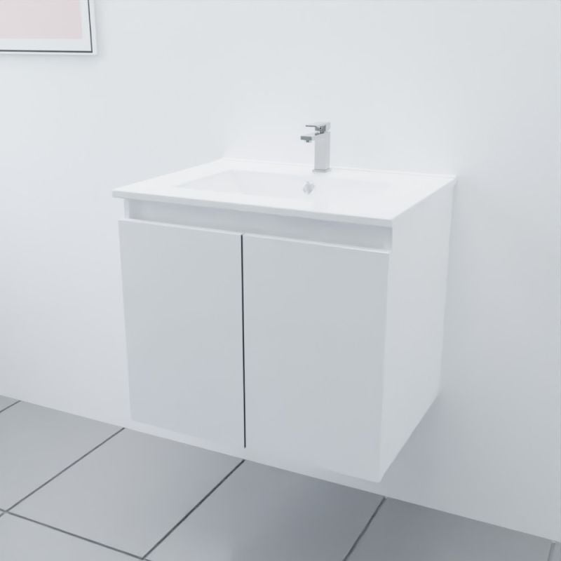 Cuisibane - Meuble salle de bain suspendu 60 cm proline- Blanc- Plan vasque en Céramique