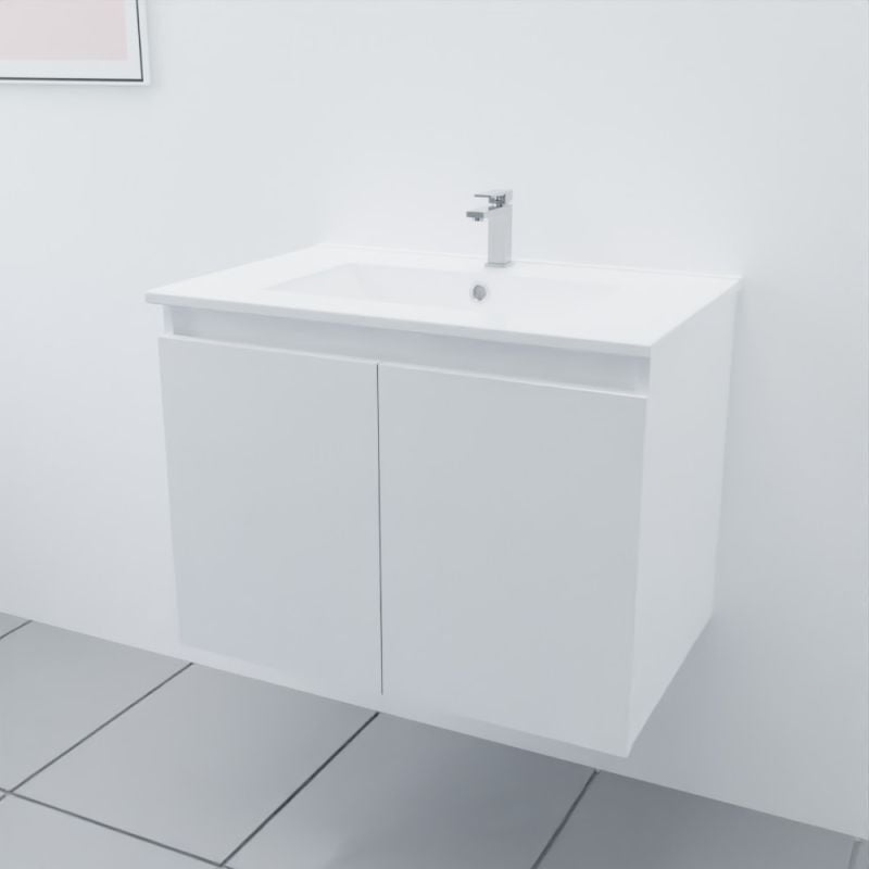 Cuisibane - Meuble salle de bain suspendu 70 cm proline- Blanc- Plan vasque en Céramique