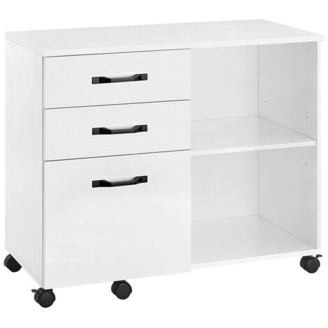 Caisson, Support d'Imprimante Bureau, avec 3 Tiroirs, Meuble de Rangement Mobile, Compartiments Ouverts, pour Format A4, Documents, Style Industriel, Blanc Boisé