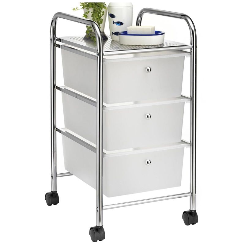 Idimex - Caisson sur roulettes gina chariot avec 3 tiroirs en plastique blanc transparent et 1 étagère, rangement salle de bain métal chromé