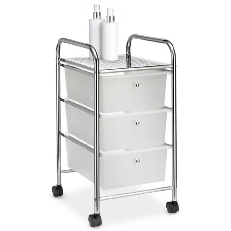 Caisson sur roulettes GINA chariot avec 3 tiroirs en plastique blanc transparent et 1 étagère, rangement salle de bain métal chromé