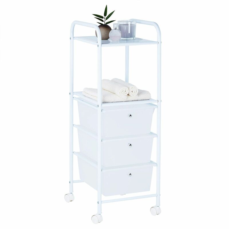 Idimex - Caisson sur roulettes gina chariot avec 3 tiroirs en plastique blanc transparent et 2 étagères, rangement salle de bain métal blanc - Blanc
