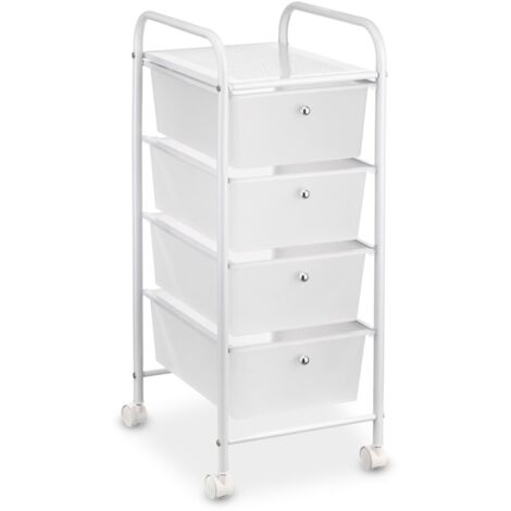 Caisson sur roulettes GINA chariot avec 4 tiroirs en plastique blanc transparent et 1 étagère, rangement salle de bain métal blanc