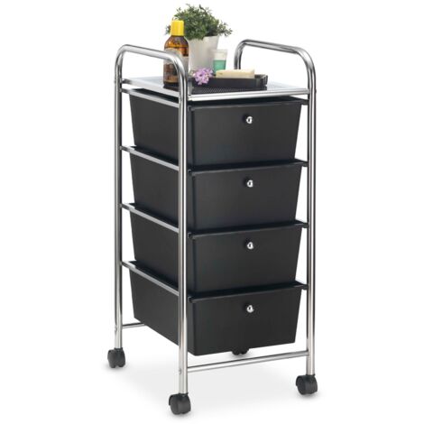 Caisson sur roulettes GINA chariot avec 4 tiroirs en plastique noir et 1 étagère, rangement salle de bain en métal chromé