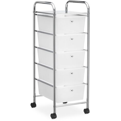 Caisson sur roulettes GINA chariot avec 5 tiroirs en plastique blanc transparent et 1 étagère, rangement salle de bain métal chromé