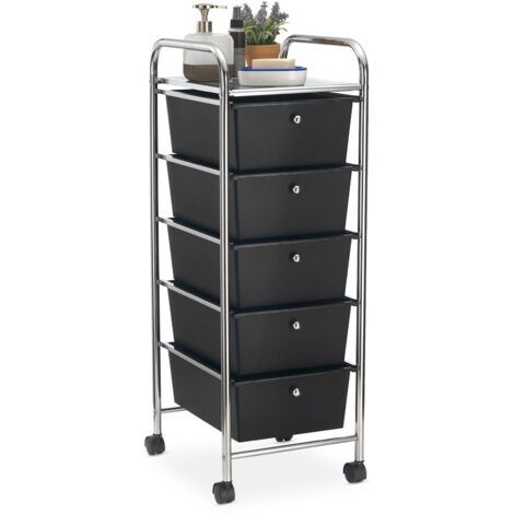 Caisson sur roulettes GINA chariot avec 5 tiroirs en plastique noir et 1 étagère, rangement salle de bain en métal chromé
